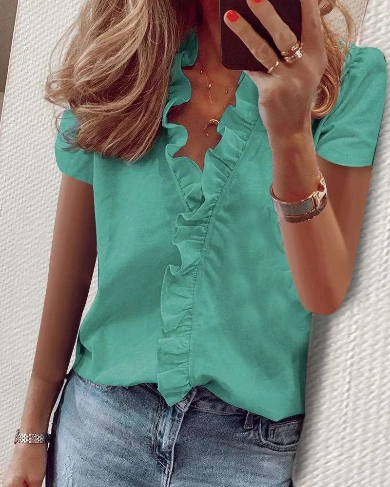 White Womens Shirts Tops Summer Short Sleeve Casual Ruffles V-Neck Office Blouses Ladies Camisas De Mujer Elegant Women Shirts