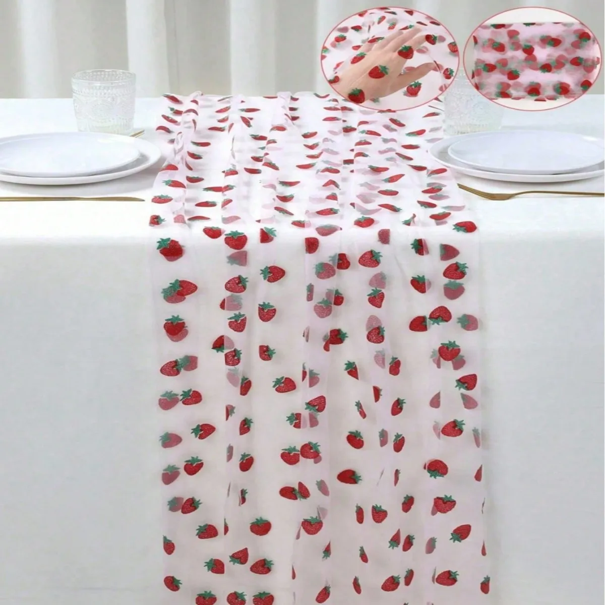 1 piece of strawberry-print tulle table runner Infuses your dining table with sweet vitality Birthday and wedding decorations
