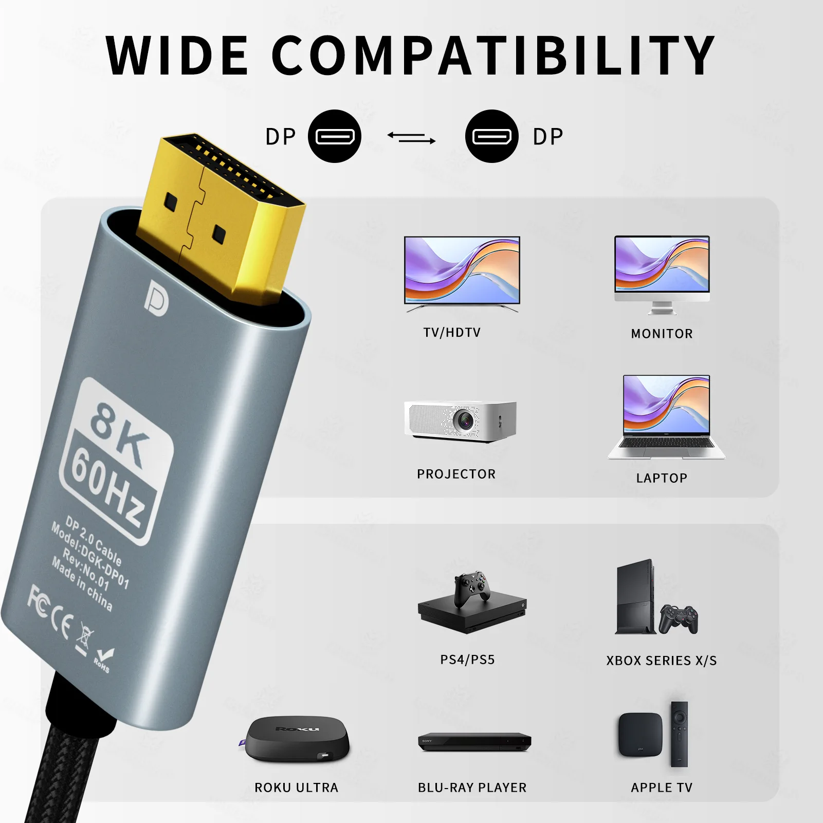 Cable DisplayPort DP1.4 8K @ 60Hz 4K @ 144Hz 1080P @ 240Hz compatible con HBR3 32,4 Gbps HDCP 2,2 HDR, Cable de puerto de pantalla para Monitor de juegos de PC