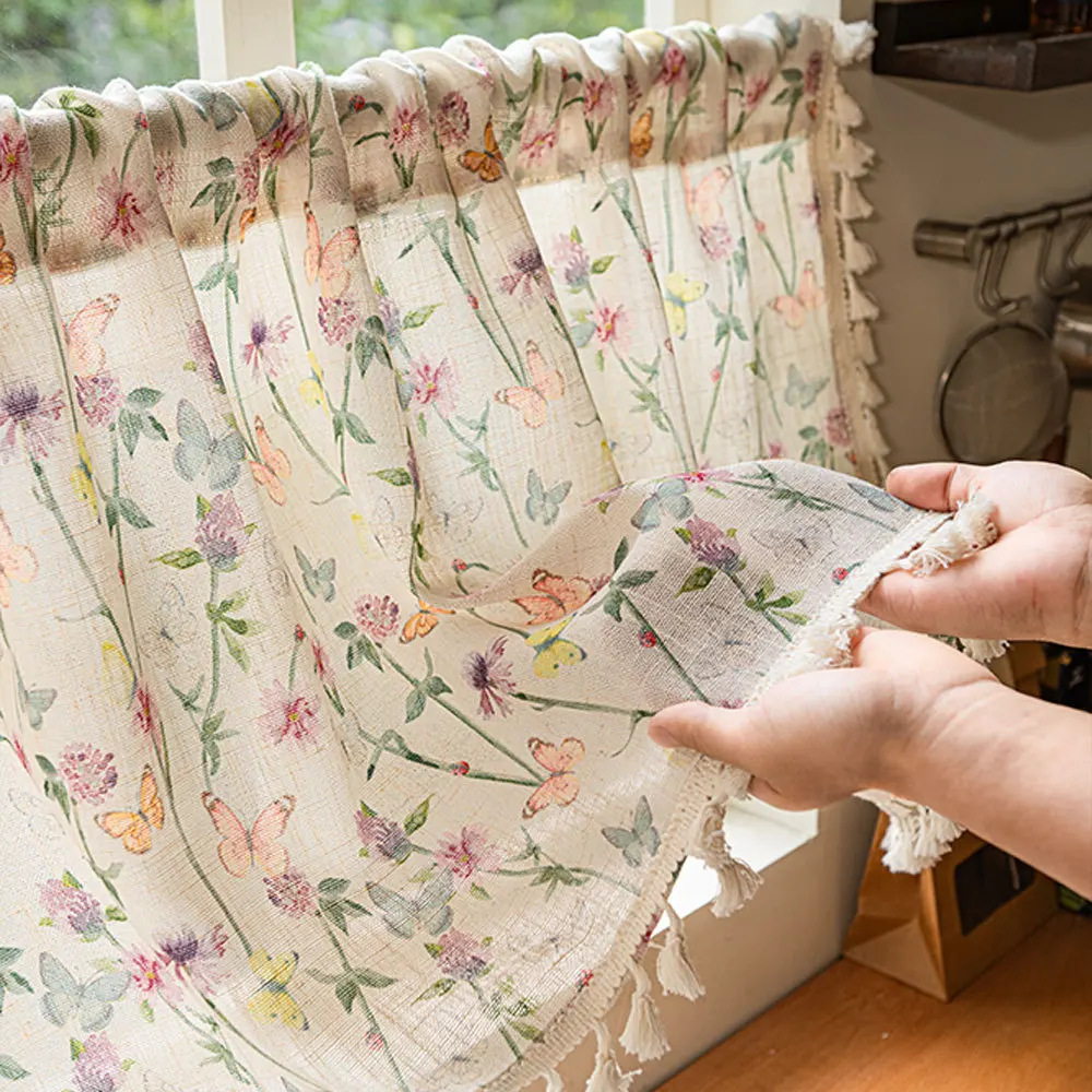 1pc American Country Style Cotton Linen Half Curtain, Semi-Transparent Printed Kitchen Short Curtain, Atmosphere Decorative Curt