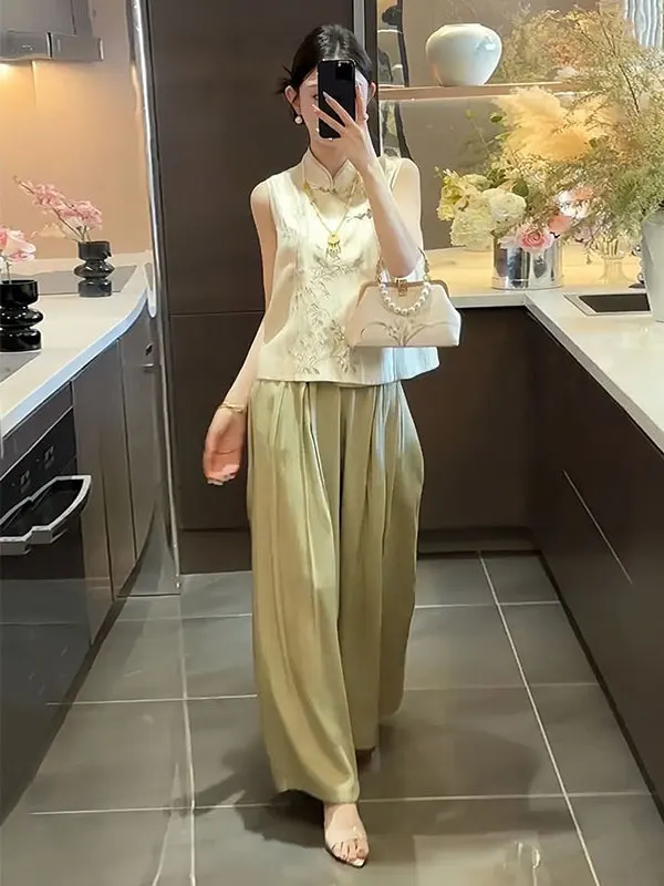 New Chinese Style Women's Summer Outfit Bamboo Leaf Print Button up Top And Pants Two-Piece Set Fashionable Traditional Print image 5