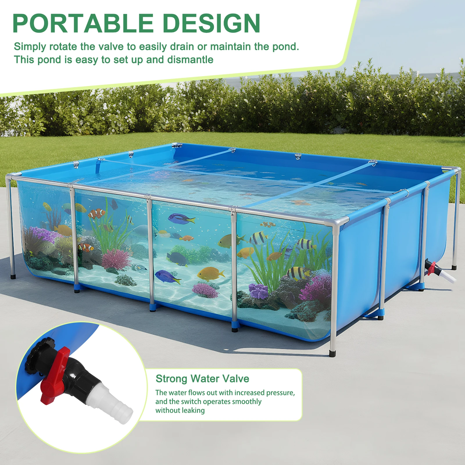 

Аквариум-бассейн на 880 галлонов с прозрачной панелью для наблюдения, грузоподъемность 400 фунтов, с дренажным клапаном для разведения карпов кои/золотых рыбок