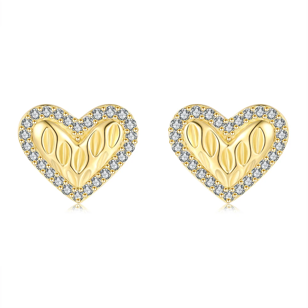 925 Sterling Silver Heart Gold Hammered Earrings With Cubic Zircon Jewelry Birthday Christmas Gifts For Women Girls Friends