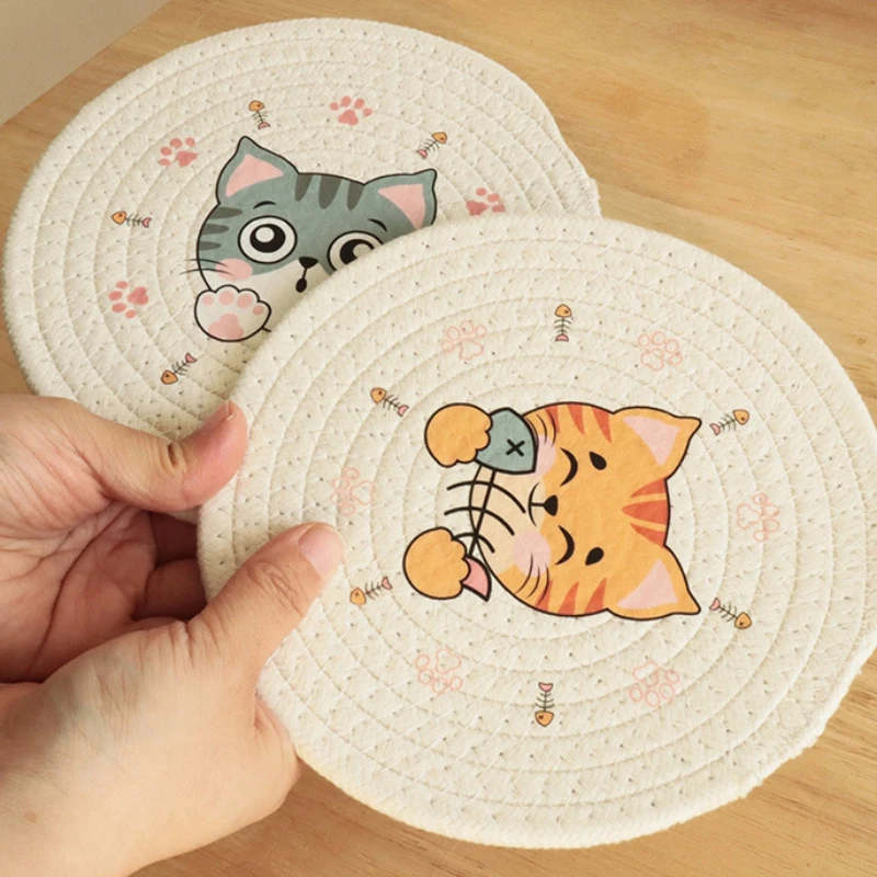 Japanese-Style Ins Braided Insulation Table Mats Coasters Creative Cute Cartoon Kitten Coaster Bowl Mat Cotton Rope Placemat