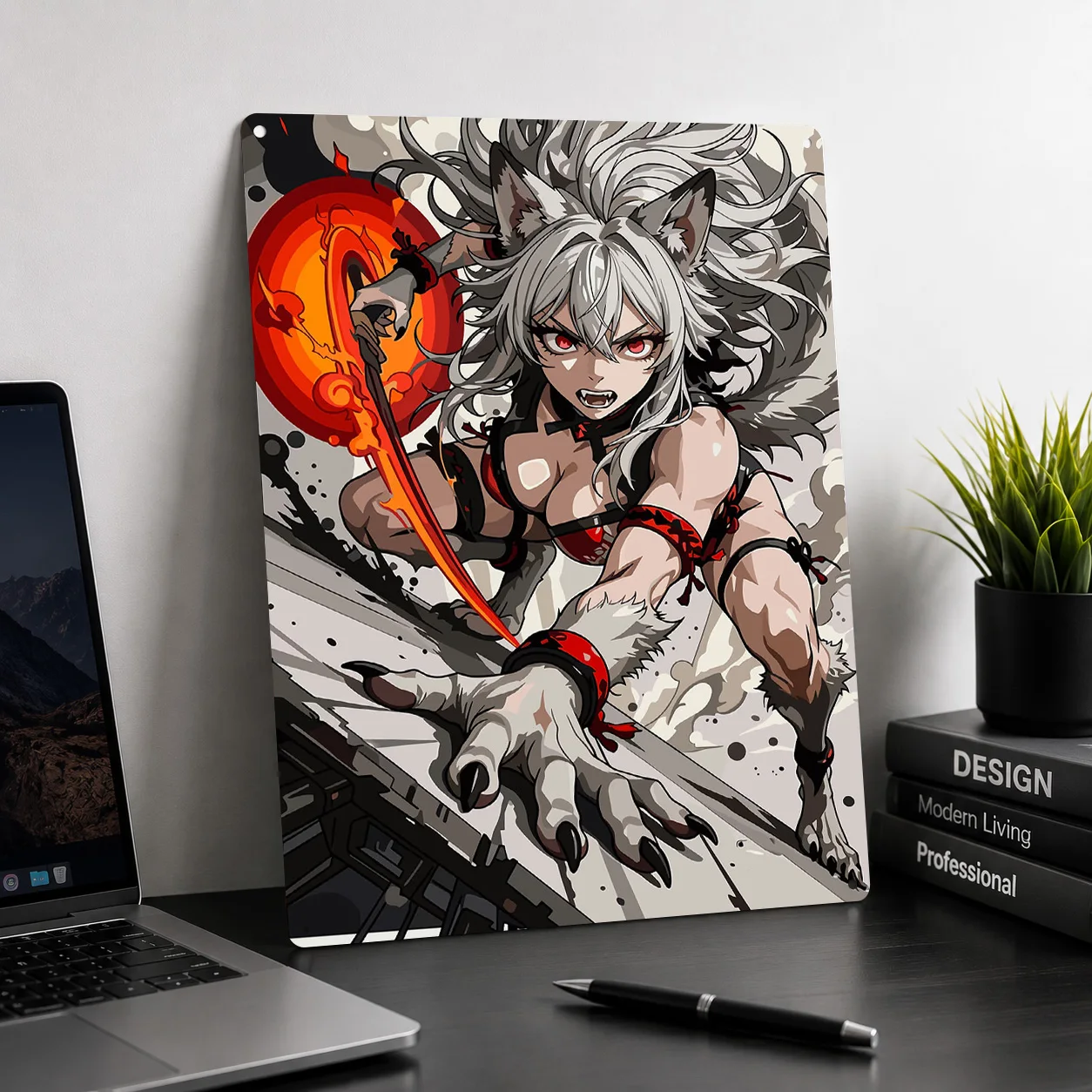 Wolf Girl Warrior With Fiery Sword 3D Printed Texture Poster Personalized Wall Art Retro Metal Tin Signs for Desk Decor Room