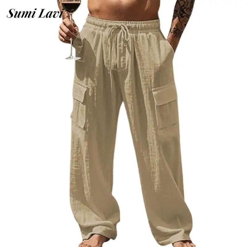 

Стильные мужские брюки-карго с несколькими карманами, весенне-осенние винтажные однотонные свободные прямые брюки, повседневные мужские льняные брюки