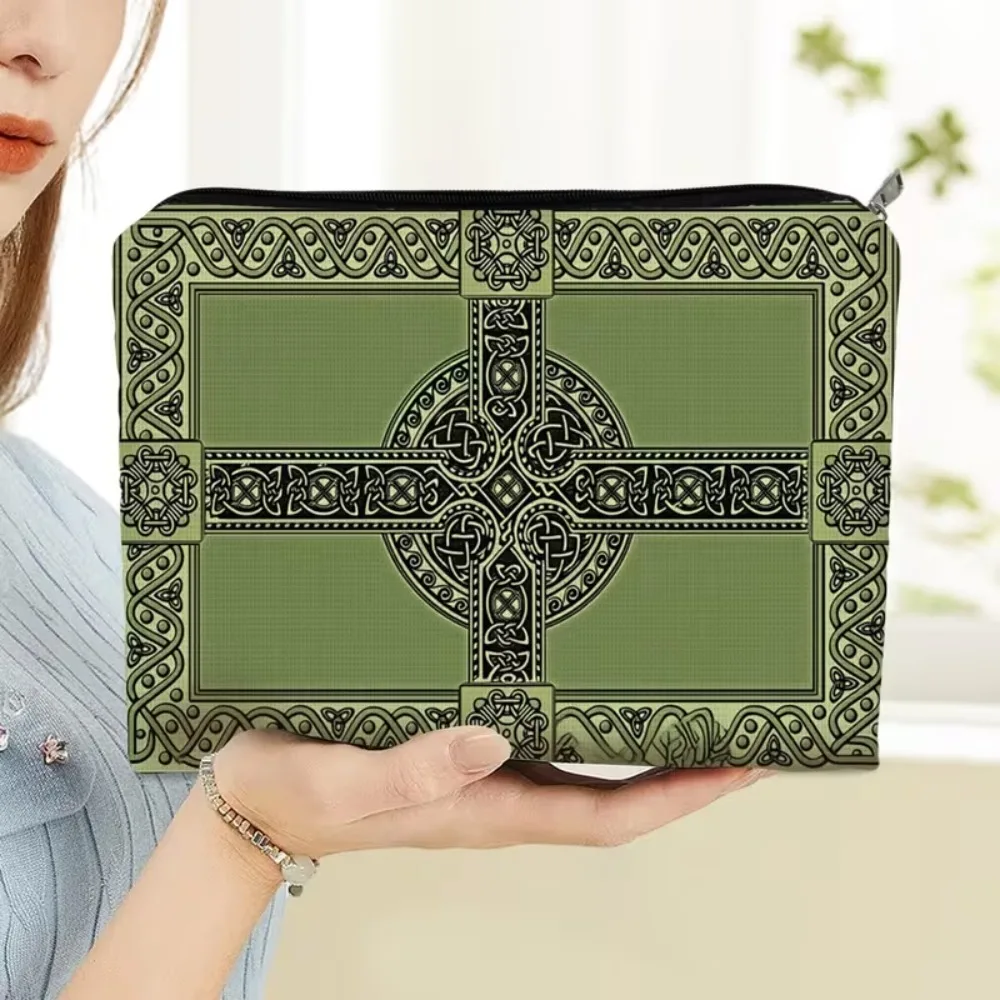 Celtic Cross Knot Canvas Zipper Pouch Irish Vintage Print Makeup Bag Travel Cosmetic Storage Case Gift for Celtic Lovers