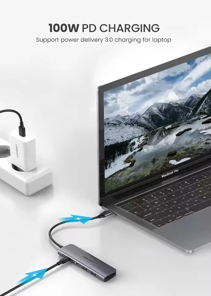 CM136 UGREEN USB C Hub 5 in 1 Multiport Adapter 4K  100W Power Delivery 3 USB 3.0 Data Ports 5Gbps Transfer Speed