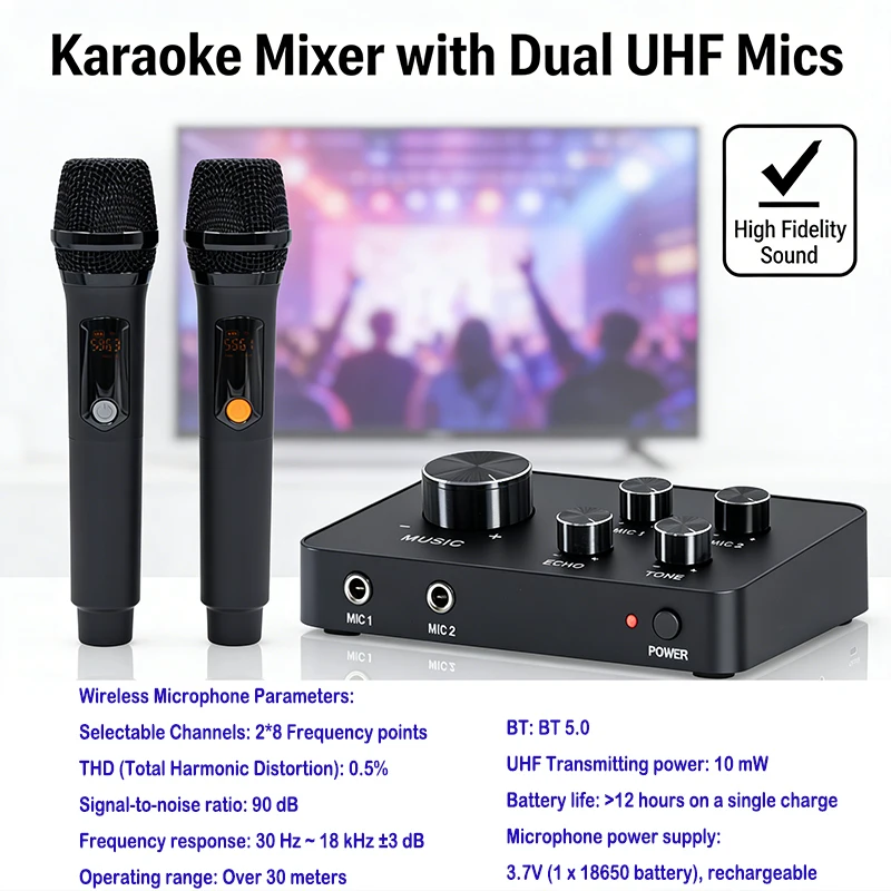 UHF Dual Channels Rechargeable Wireless Microphone Karaoke Mixer with Echo Reverb Vocal Cut Bass Treble for Smart TV Soundbar
