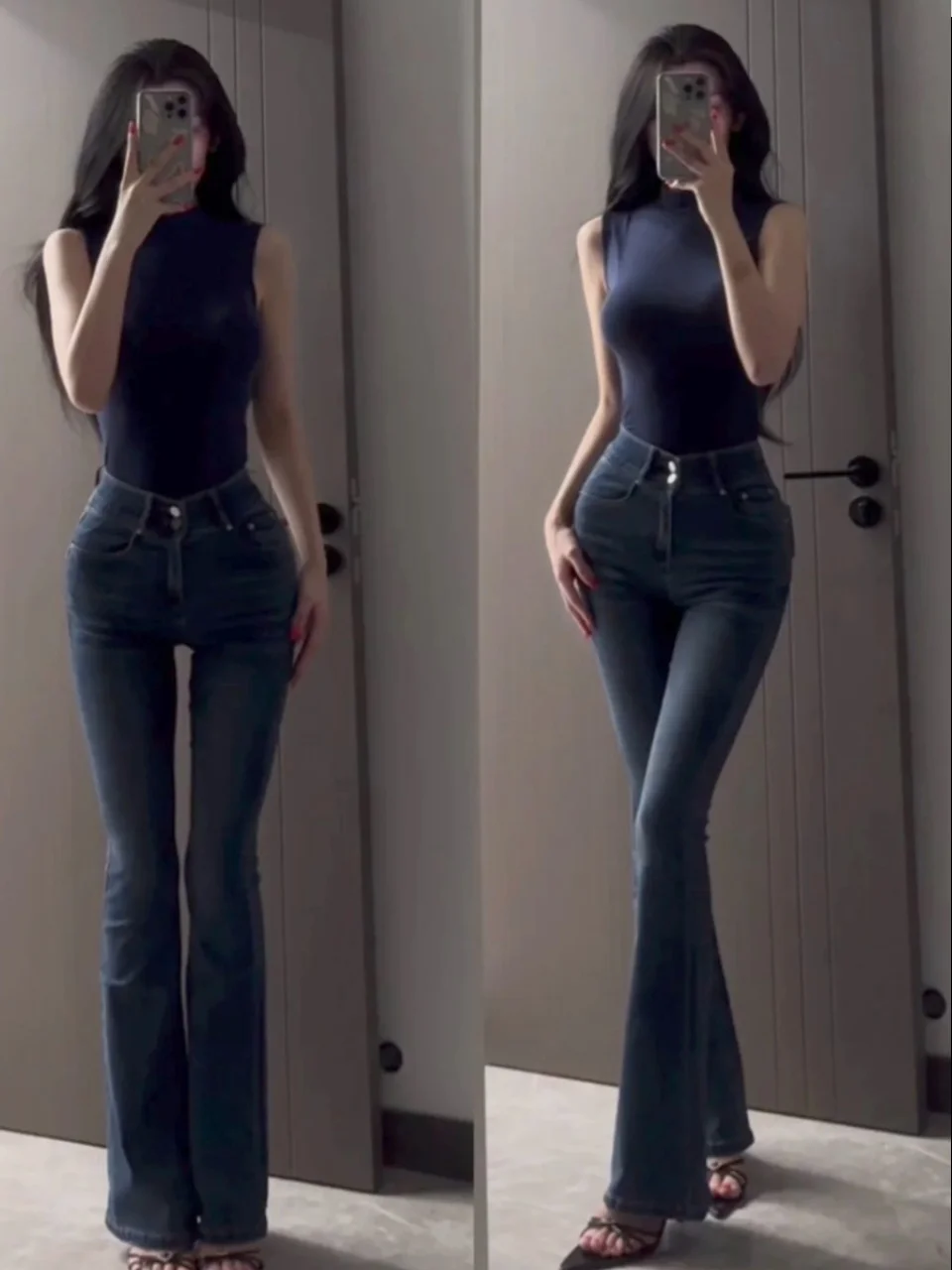 

Женские джинсы с высокой талией, эластичные, облегающие, расклешенные, темно-синие, из хлопкового денима, моделирующие фигуру, модные