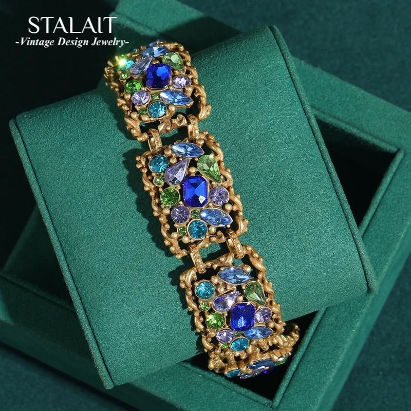 

Vintage Blue Crystal Bracelet Rectangular 18k Gold Plated For Woman Rhinestone Luxury Jewelry Designers Valentine Day Gift