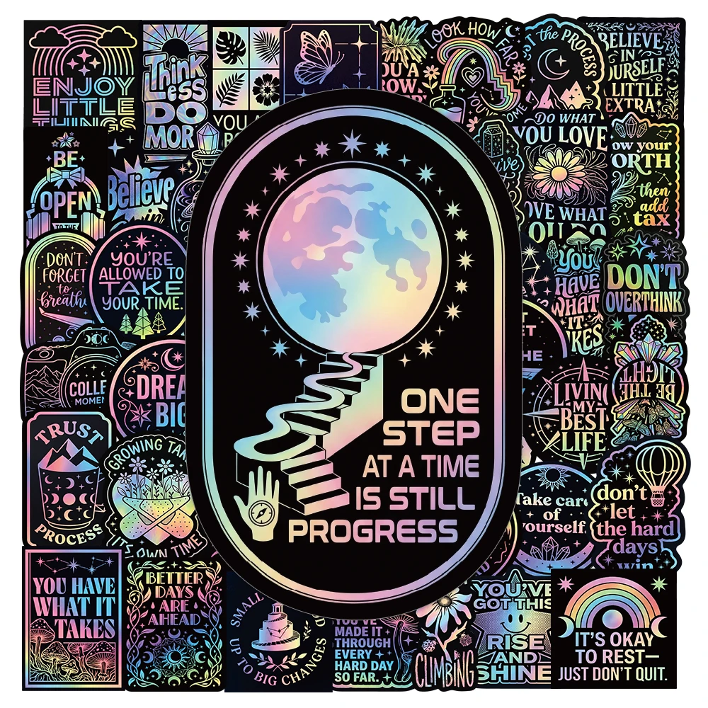 50Pcs Holographic Inspirational Quote Stickers Waterproof Vinyl Positive Motivational Saying Decals for Water Bottle Laptop