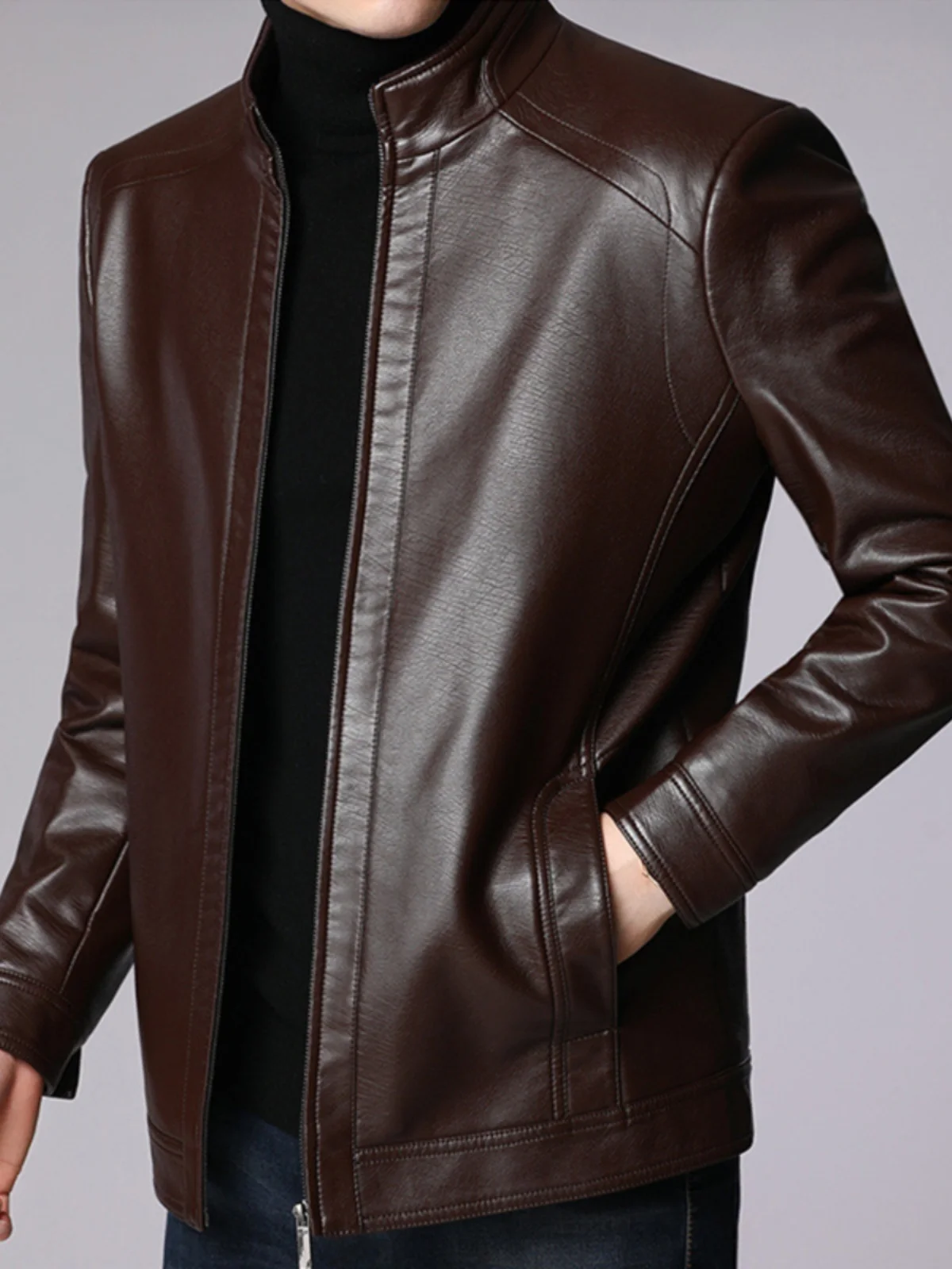 

Men's Casual Zippered Leather Jaet Stand Collar Leisure Zipper PU Leather Coat Autumn Faion Youth Sle Long Sve Slim Fit