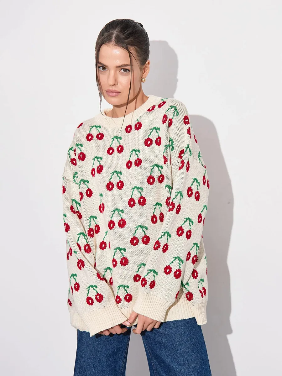 

Bornladies 2025 Autumn Winter New Cherry Printed Oversized Knit Sweater Women's Lazy - Chic Crew Neck Sweet Pullover