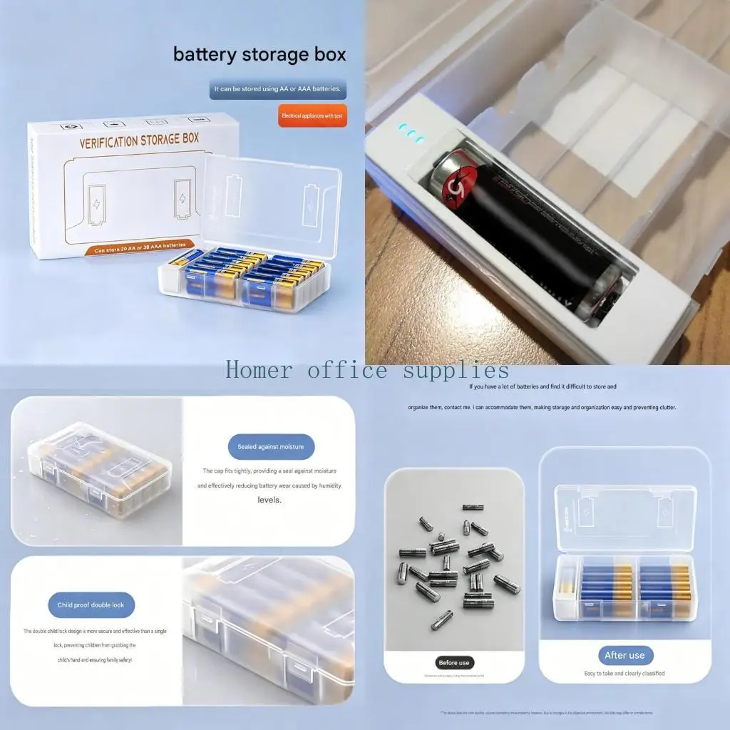 K43B Spare Cell Storage Box with Tester Section, Battery Holder Case for Drawer Use, Shelf Placement, Carry Bag Storage, and