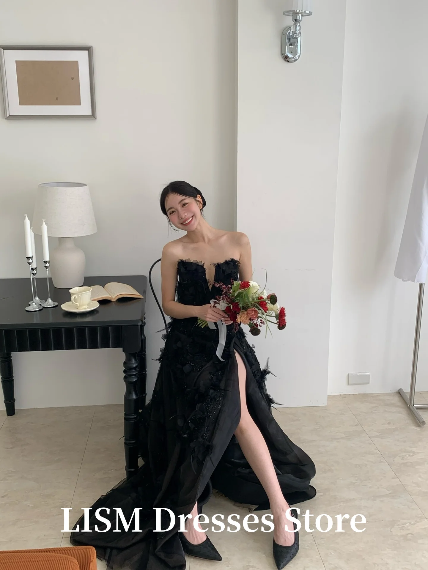 LISM Zwarte Hoge Split Korea Avondjurken A-lijn Sweetheart Party Gelegenheid Jurken Zijde Satijn Applicaties Prom Gown Aangepast