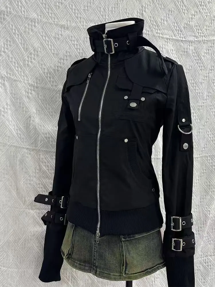 

Готическая черная тонкая толстовка с двойной молнией, женская Y2K, американская ретро-мода, тонкие повседневные мотоциклетные куртки с манжетами большого размера