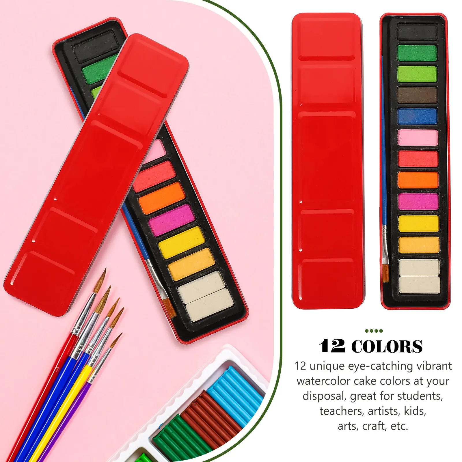 12 Colors Watercolor Set Solid Semi-Moist Vibrant Cake Colors Painting Brush Lightweight Portable Easy Wash Watercolor Supplies