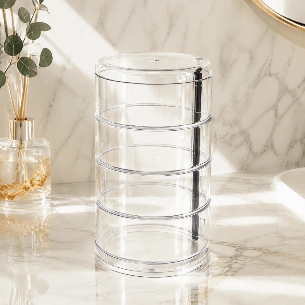 Transparent Plastic Hair Accessory Organizer Four‑layer Stackable Rotatable Storage Box Rotatable Base Compact Size