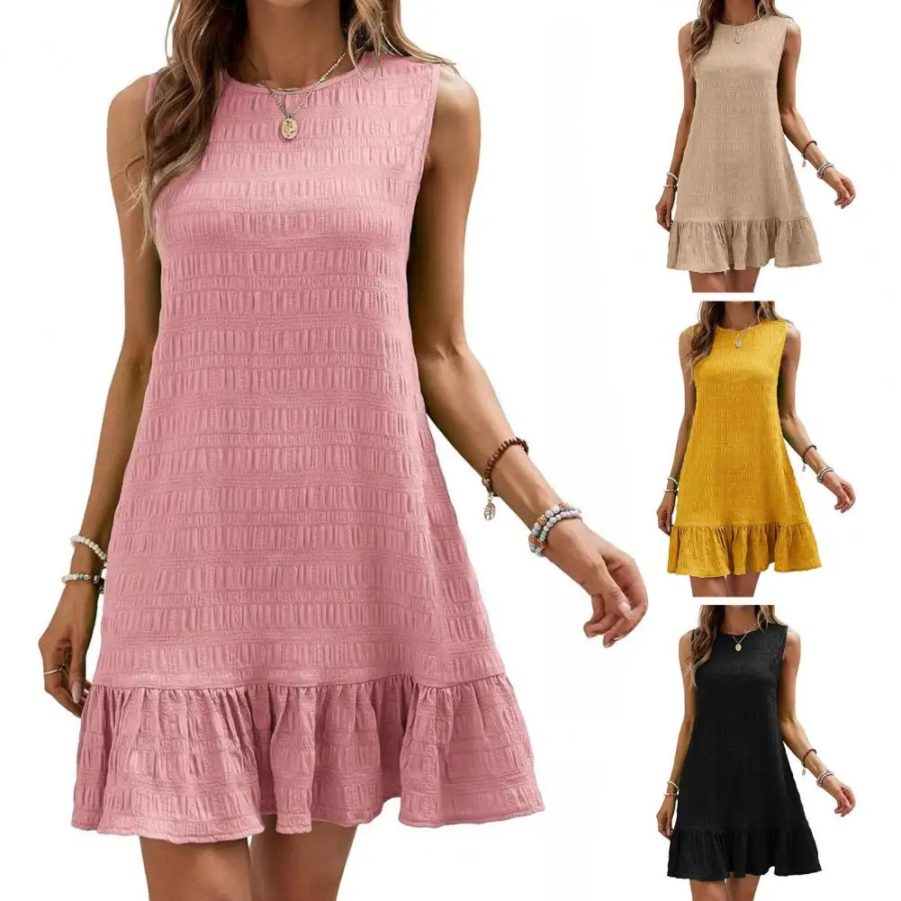 Round Neck Dress Stylish Ruffle Dress for Women A-line Mini Dress with Pleated Hem Round Neck for Summer Dating Shopping Women