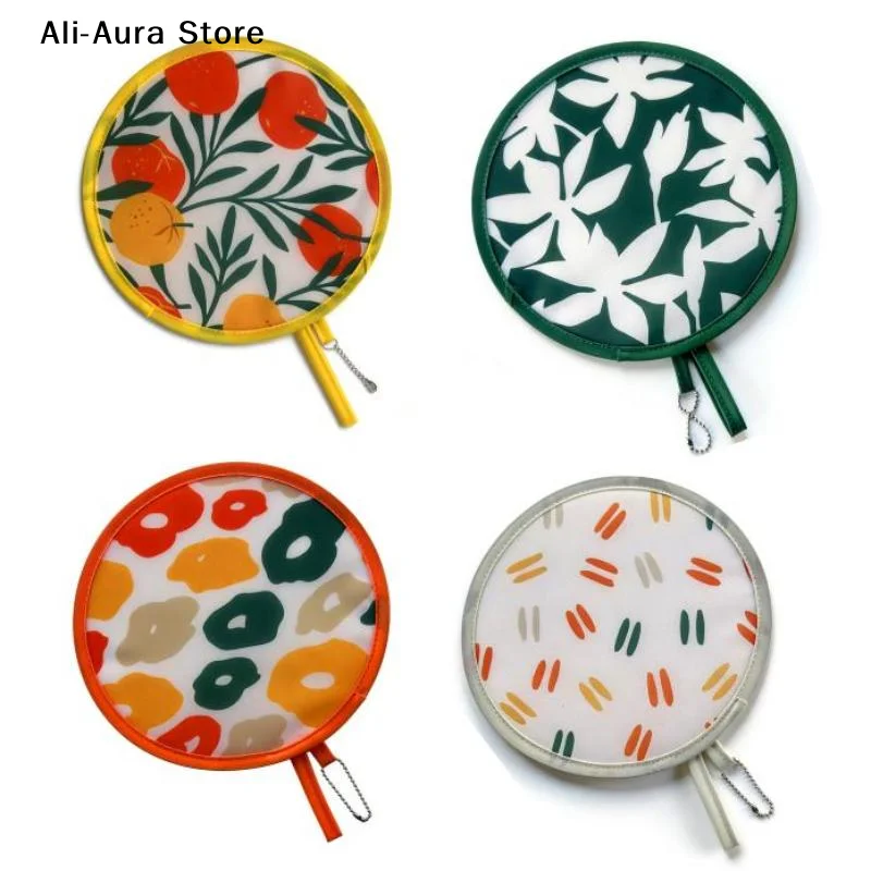 1Pcs Foldable Round Hand Fan With Cute Colorful Prints And Portable Hanging Chain Perfect For Summer Outdoor Trips Daily Use
