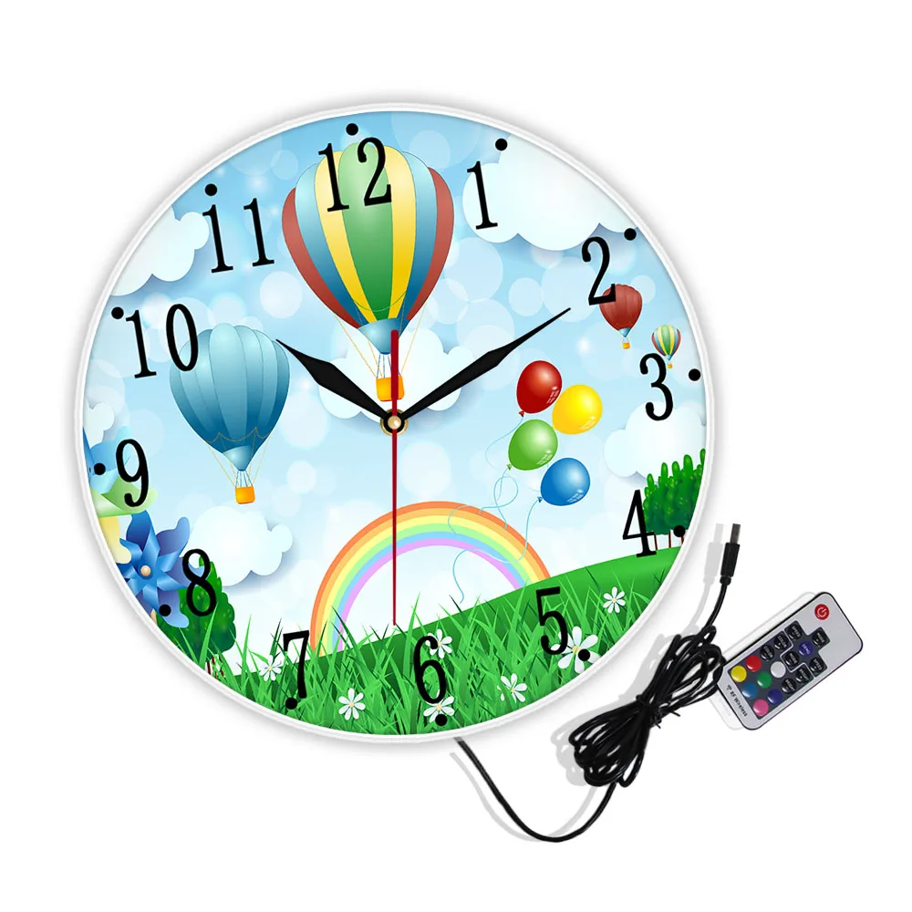 Hot Air Balloons Cartoon Design Wall Clock For Kids Room Silent Non Ticking Print Wall Watch Spring Landscape Nursery Art Decor image 3