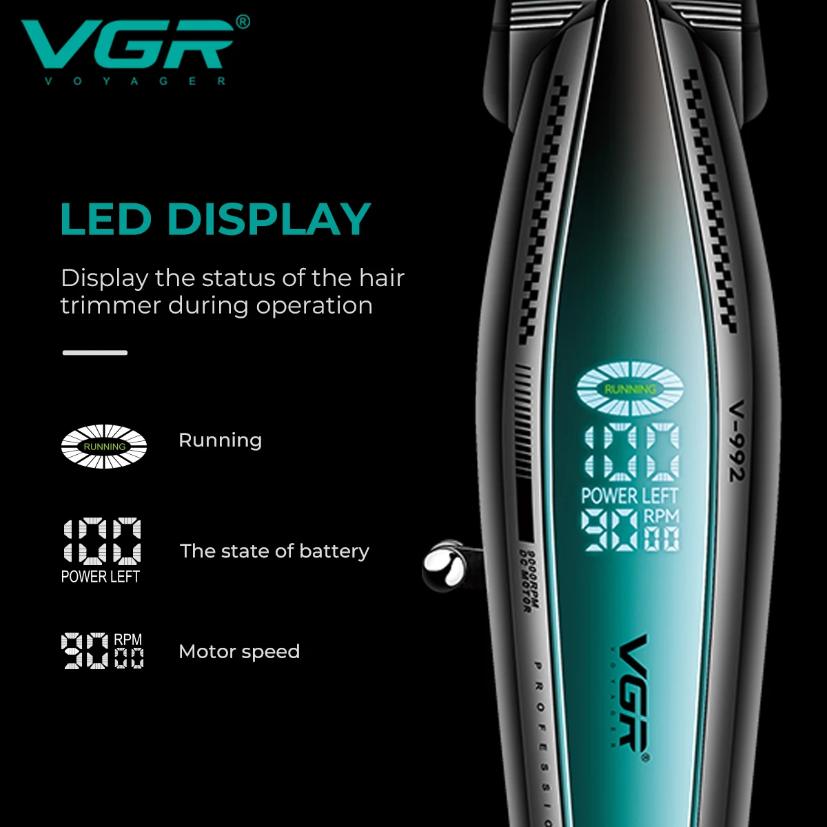 VGR 남성용 전문 헤어 트리머, 전기 이발 기계, 충전식 헤어 클리퍼, LED 디스플레이, V-992, 9000 RPM