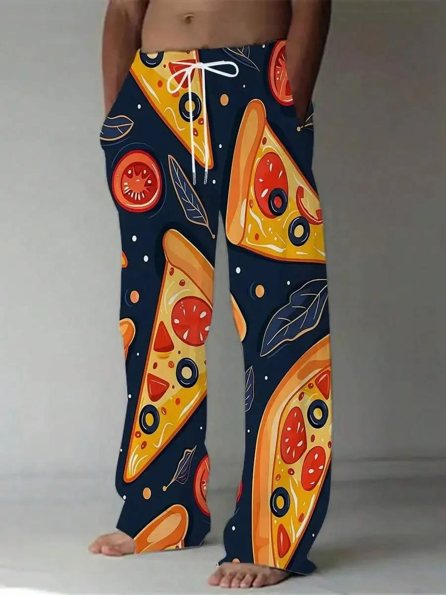 

Mens Fun Pizza Pattern Loose Drawstring Beach Pants With Tomato Olive Cheese Print