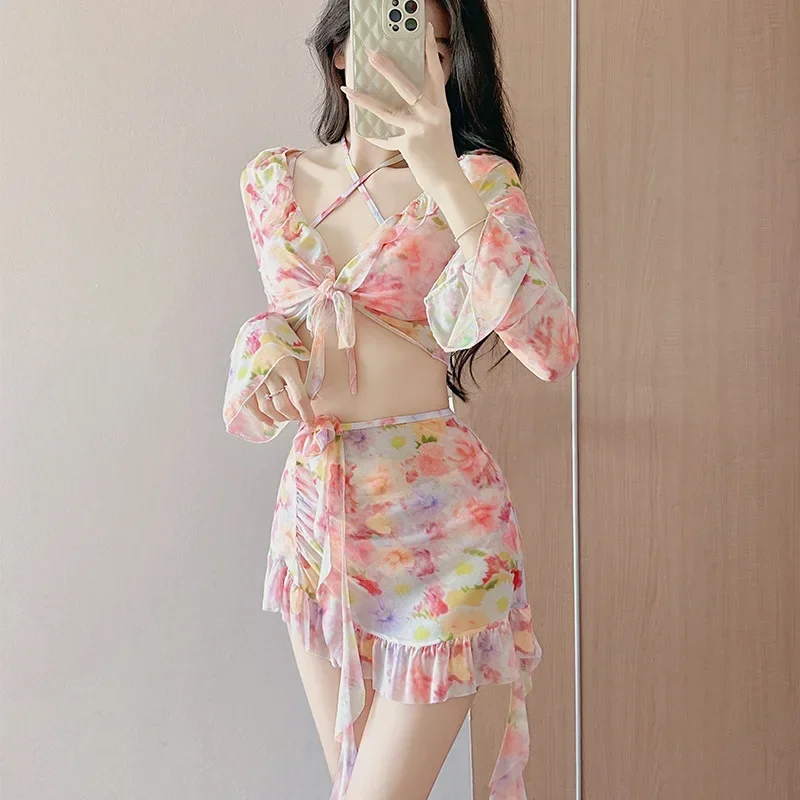 Summer Sexy Y2k Floral Split Swimsuit Women Beach Holiday Fairy 4pcs Bikinis Set with Long-sleeve Cover-up Bathing Suit Swimwear