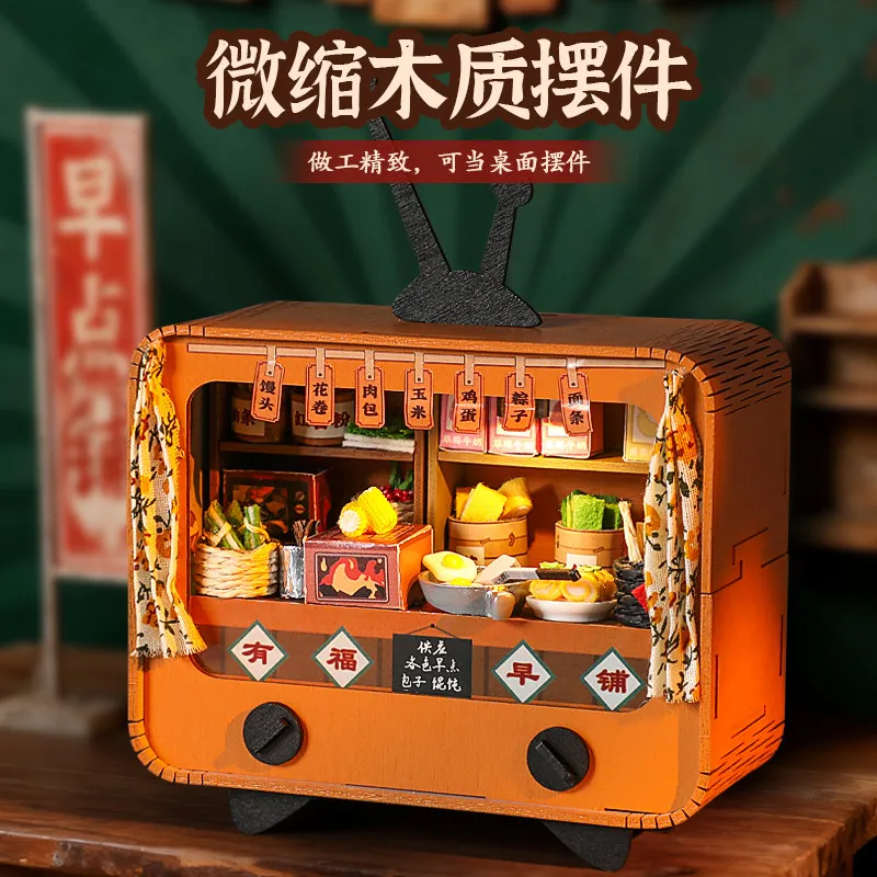 DIY 3D Holzpuzzle Mini-TV-Laden Chinesischer Getränkeladen Miniatur-Modellbausatz Montage-Puzzle für Freunde Geburtstagsgeschenke
