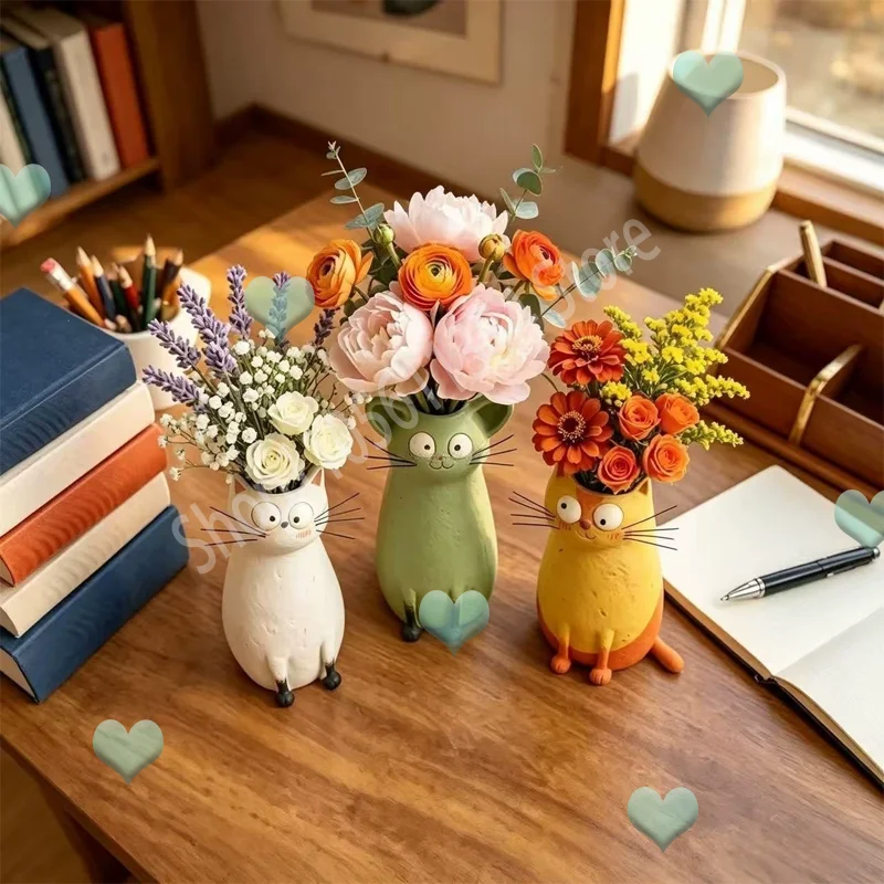 Cute Cat Shaped Resin Vase, Resin Quirky Cat Planter Animal Sculpture Creative Animal Flower Pot