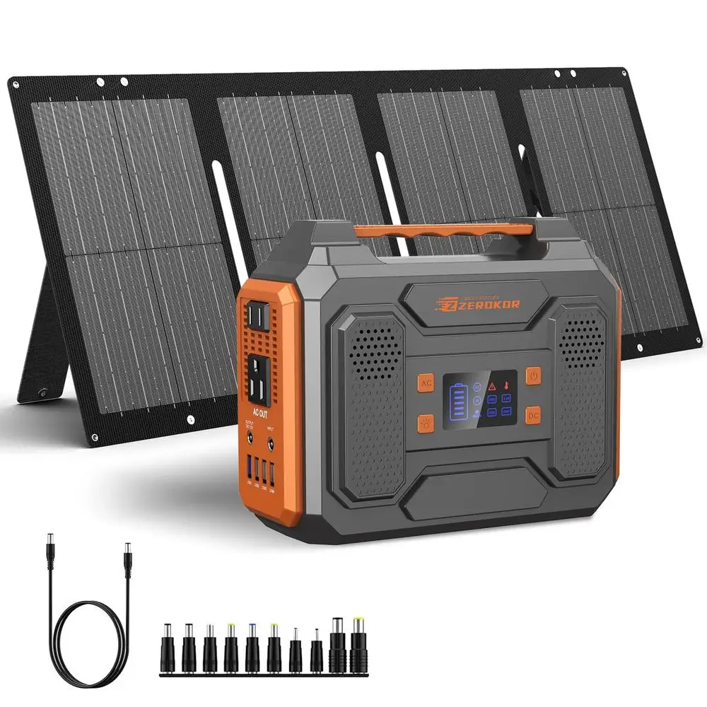 300W Portable Solar Generator Power Station with 60W Solar Panel Lithium Battery Pack SOS Flashlight Camping USB Ports AC Outlet