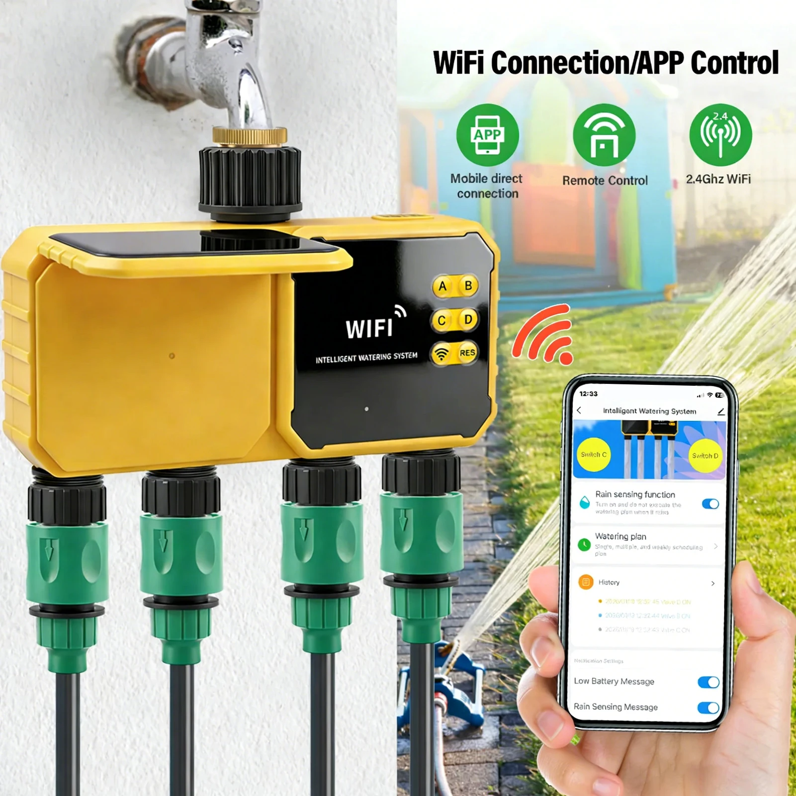 

Sprinkler Timer 4 Zone Solar WiFi Water Timer with APP Remote Control Rain Sensing Function 90° Adjustable Panel for Garden