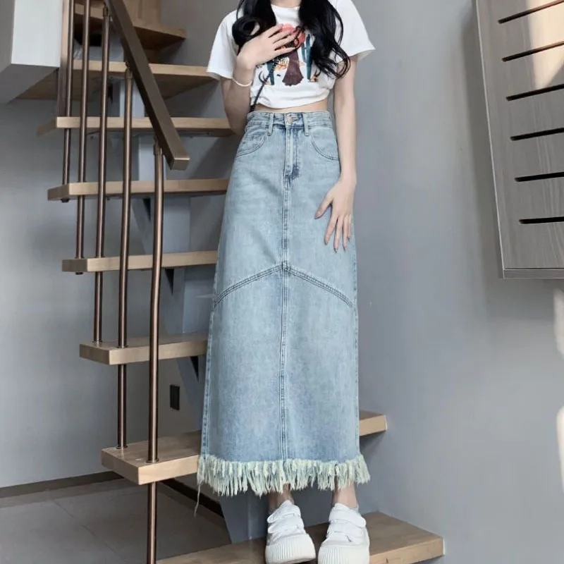 

Tassel Oversize 5XL Denim Skirt Women's Summer 2024 New Elegant Loose High Waist Mid-Length Hip Covering Denim A- Line Skirts