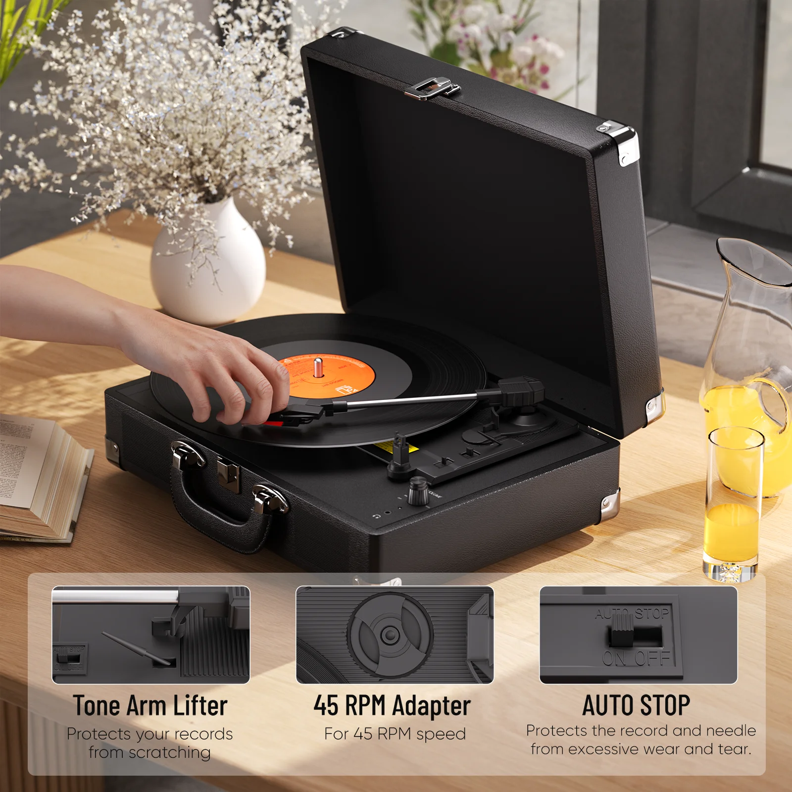 Maio C200 Belt-Driven Vintage Gramophone Device, Vinyl Record, Turntable, High-Fidelity Stereo, Built-In Speaker, 3-Speed
