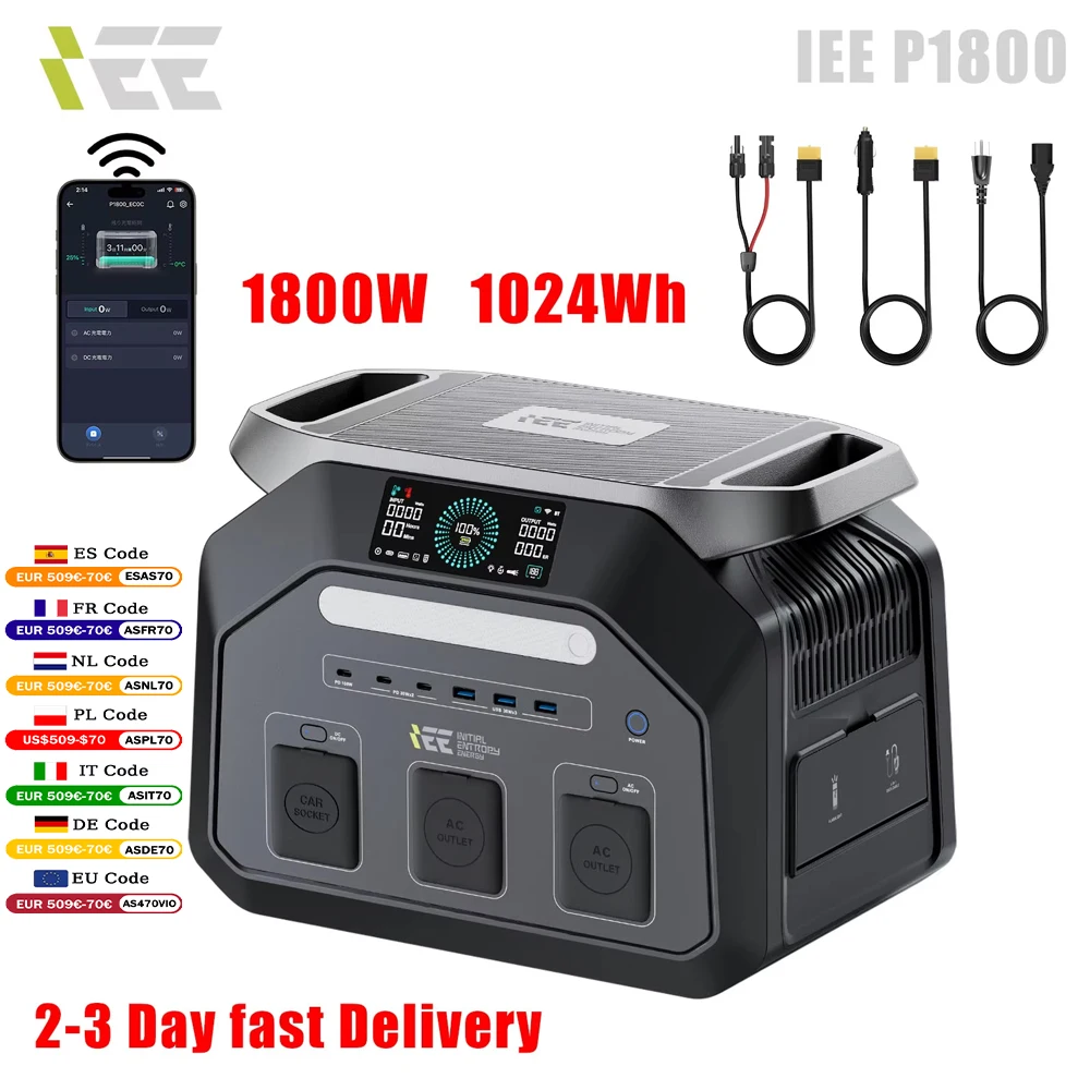 Station d'alimentation portable IEE P1800, batterie LiFePO4 1024Wh avec sortie AC 1800W (3600W en crête), générateur solaire pour camping-car, jardin, camping