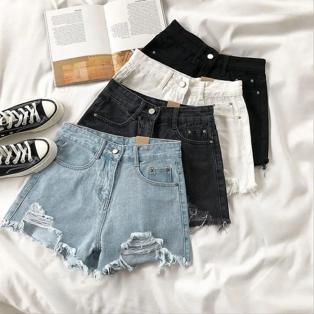 Summer Shorts High Waist A-line Women Denim Shorts Ripped Button Zipper Closure Retro Pockets Above Knee Length Short Pants