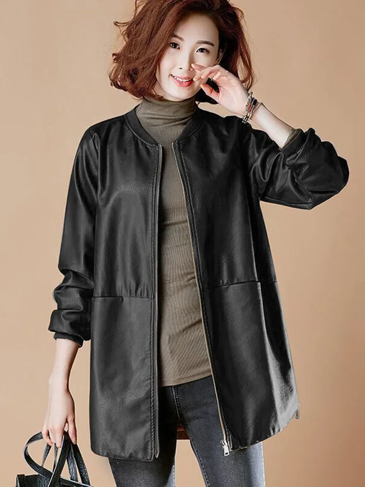Chaqueta de cuero sintético para mujer, abrigo de longitud media, 6XL talla grande, novedad de primavera y otoño, 2023
