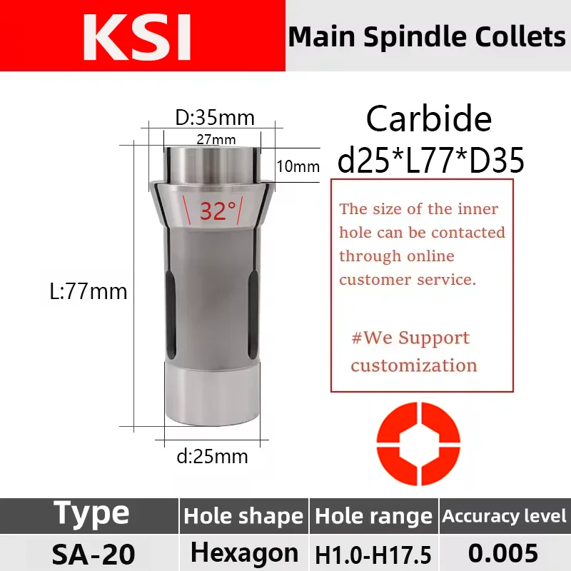 

Hexagon Hole KSI SA20 145E TF25 Headstock Collet Swiss type automatic lathe chuck high precision Tungsten carbide Guide bush