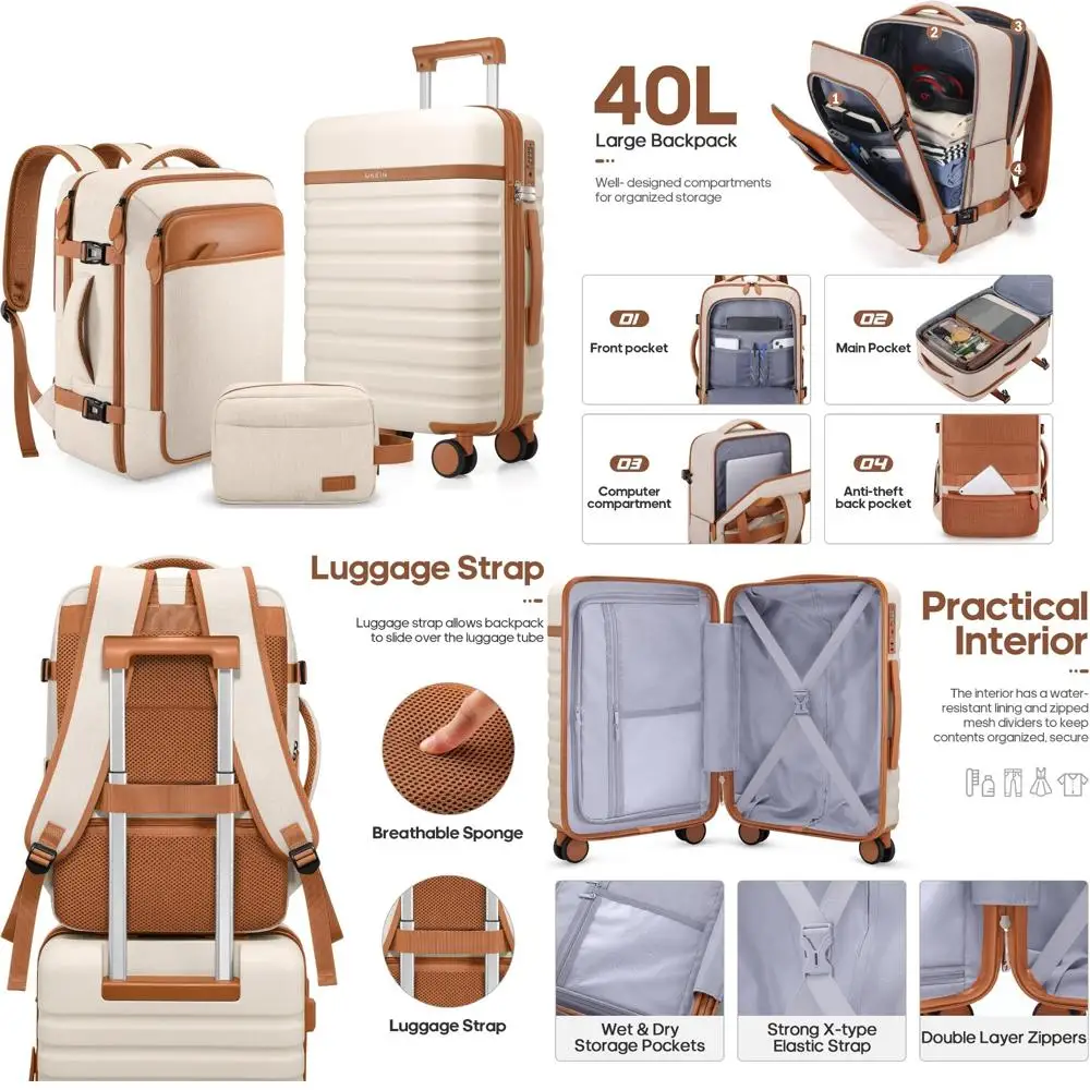 Juego de equipaje giratorio rígido de 3 piezas con cerradura TSA, 20 maletas de mano, estuches de viaje duraderos