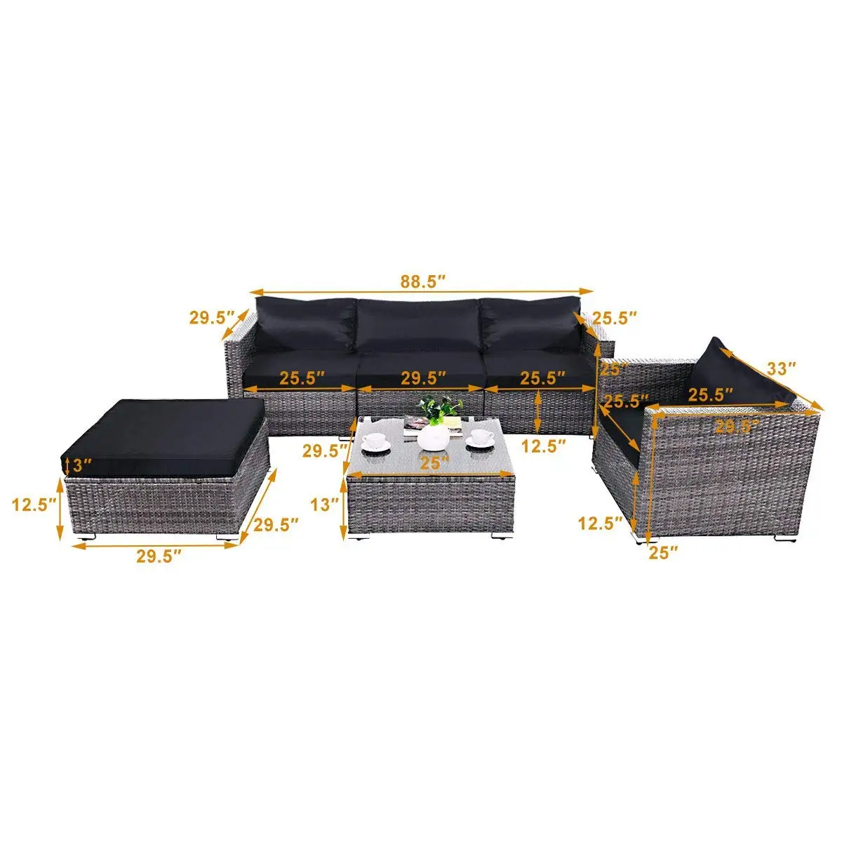 6PC All-Weather PE Rattan Wicker Steel Frame Sectional Cushioned Outdoor Patio Sofa Set Grey, Customized