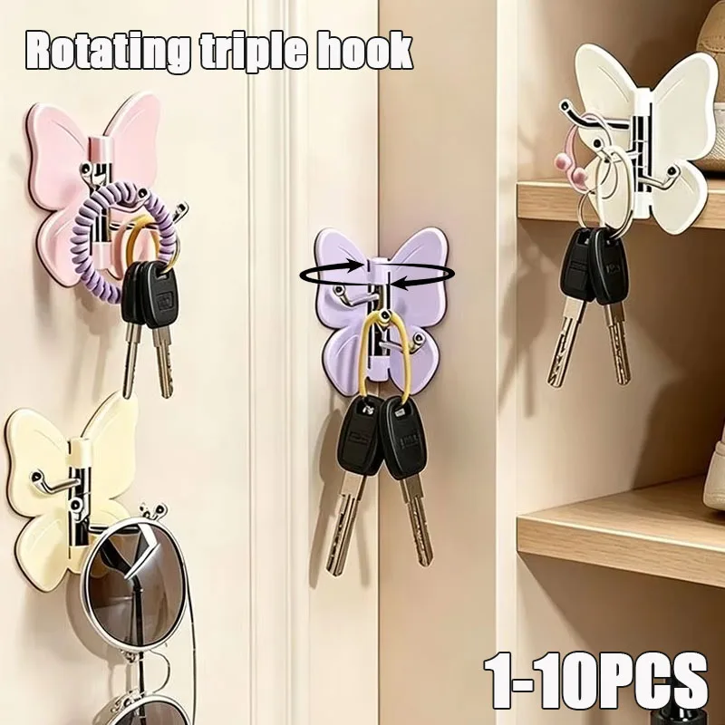 1-10PCS Butterfly Design 3 in 1 Rotating Hook Adhesive Wall Mount Corner Hanger for Coat Hat Scarf Bag Entryway Organization