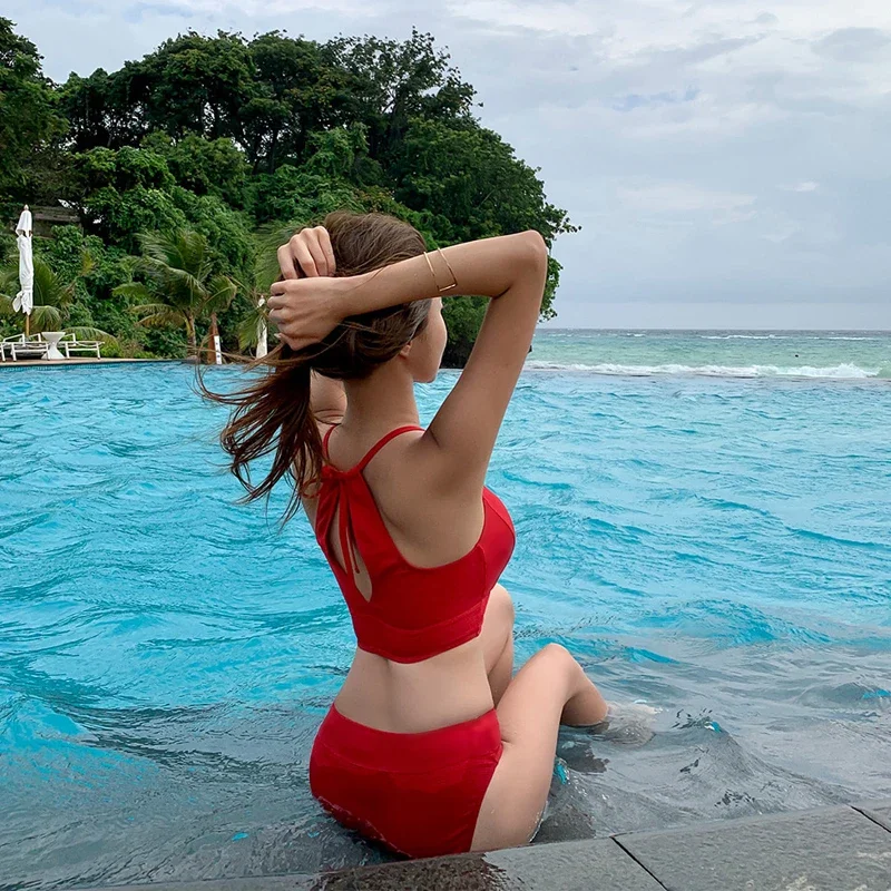 Korean Style Cut Out Bikini Set Women Biquini High Neck Swimwear Low Waist Swimsuit Micro Red Beach Suit 2024 Femme Swimwear