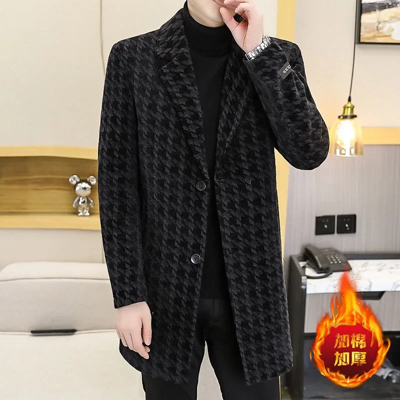 

2022 Winter Long Wool Blends Jacket Men Fashion Plaid Casual Business Trench Coat Thicken Warm Slim Social Overcoat Men Clothing