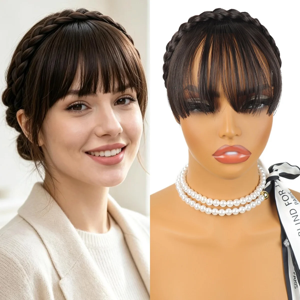 Three-Strand Braided Headband with Twisted Braid Style, Paired with a 4inch Black-Brown Bangs Wig. Made from High-Quality Synthe