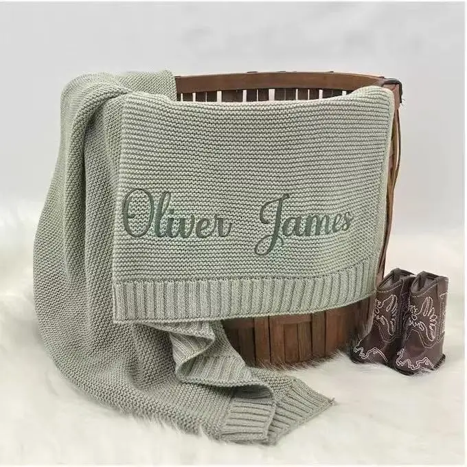 

Вязаное хлопковое одеяло с вышитым именем для новорожденных, подарок на выписку/на рождение ребенка, мягкое, дышащее, для коляски