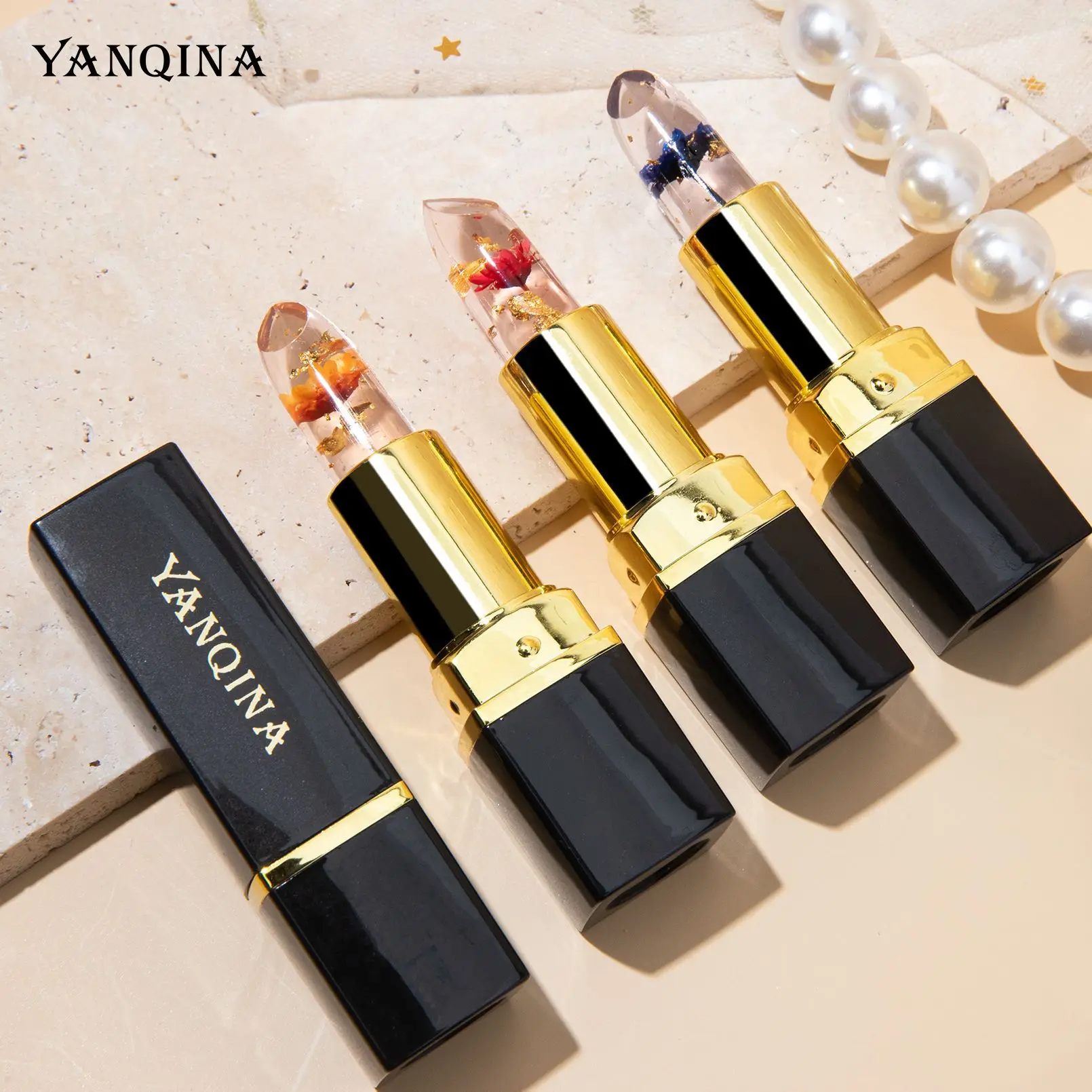 Yanqina ลิปสติกไล่ระดับสีดอกไม้3สีให้ความชุ่มชื้นกันน้ำลิปสติกเปลี่ยนสีได้ใสลิปกลอสยอดนิยม