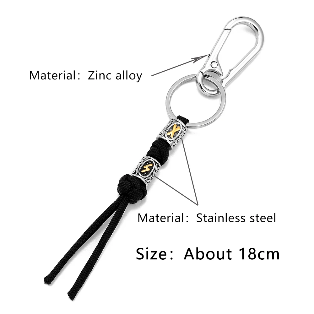 Men Viking Lanyard Keychain Stainless Steel Norse Rune Bead Woven Survival Rope Knife Car Keyring Pendant Retro Handmade Jewelry