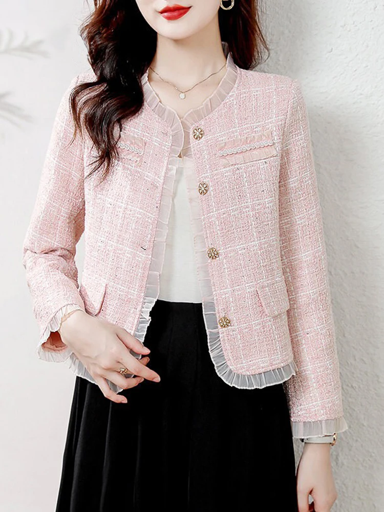 

Pink Fluffy Short Coat Women's Spring 2026 New Style Retro Tweed Lapel Vintage Short Top Luxury Fashion Ladies' Jacket