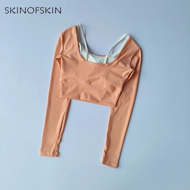 Yoga-Kleidung Langärmeliges Damen-Einteiler-Crop-Top mit Cups Schlankmachendes Schnelltrocknendes Lauf-Trainings-T-Shirt Sport-Fitness-Kleidung – Detail 9